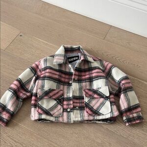 Katie J NYC Pink and White Plaid Jean Jacket